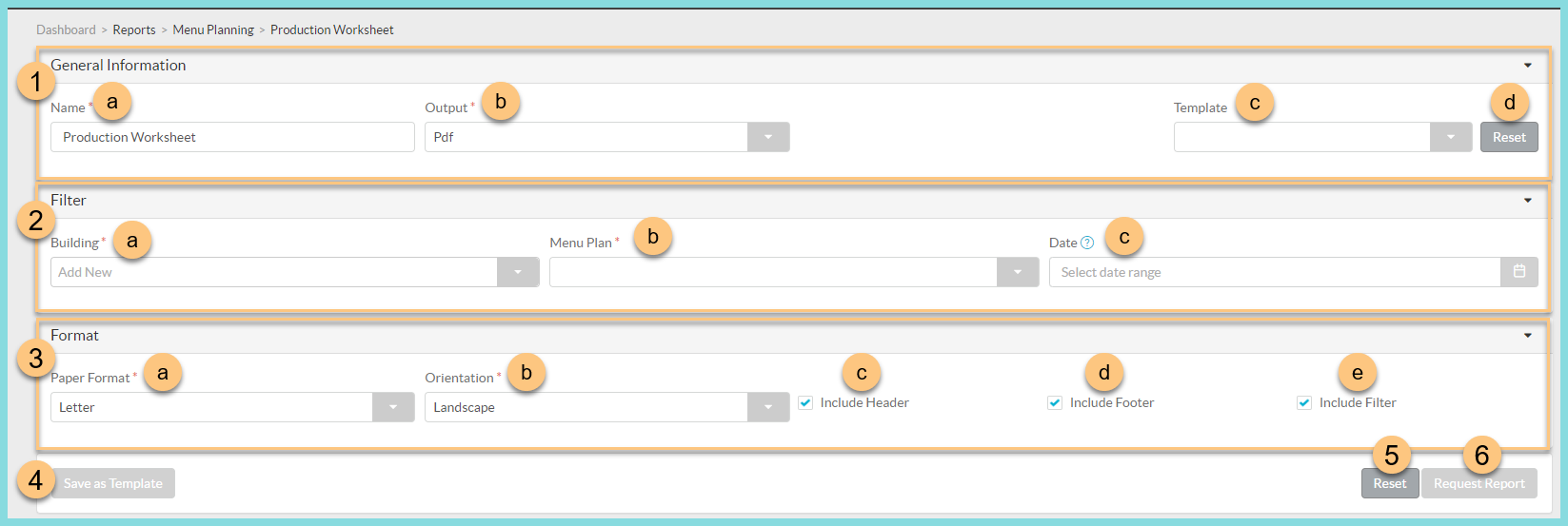 A screenshot of the production worksheet report configuration as described on this page.